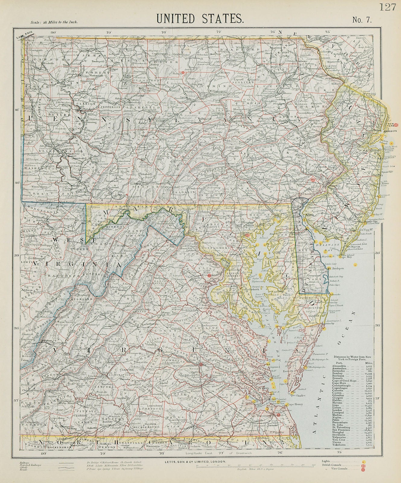 MID-ATLANTIC STATES. Pennsylvania NJ Maryland Delaware Virginia. LETTS 1884 map